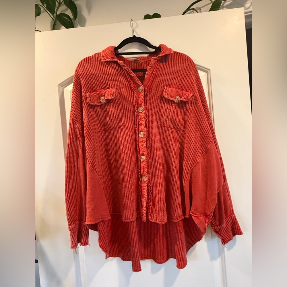 Free People Scout Brick Red Oversized Waffle Knit Button Up